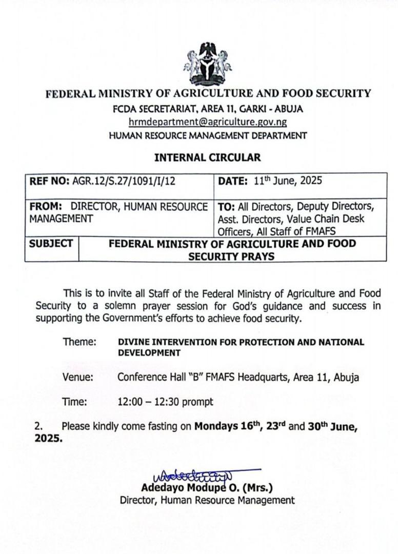 Ministry of Agriculture Declares 3-day Prayer For Food Security