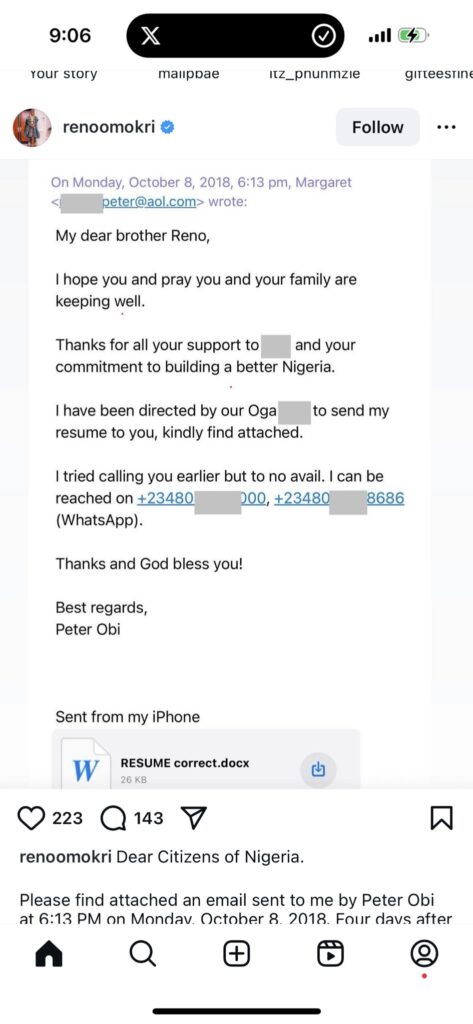 Reno Omokri Releases Mail Peter Obi sent him in 2018 to back up his claim of Making Obi Atiku's running mate