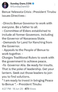 Benue Killing: 'Provide Land For Ranching' - Tinubu directs Governor Alia