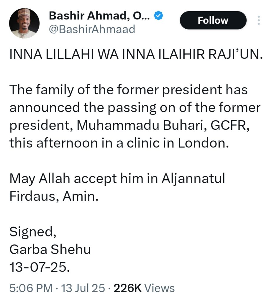 Former President Muhammadu Buhari is dead