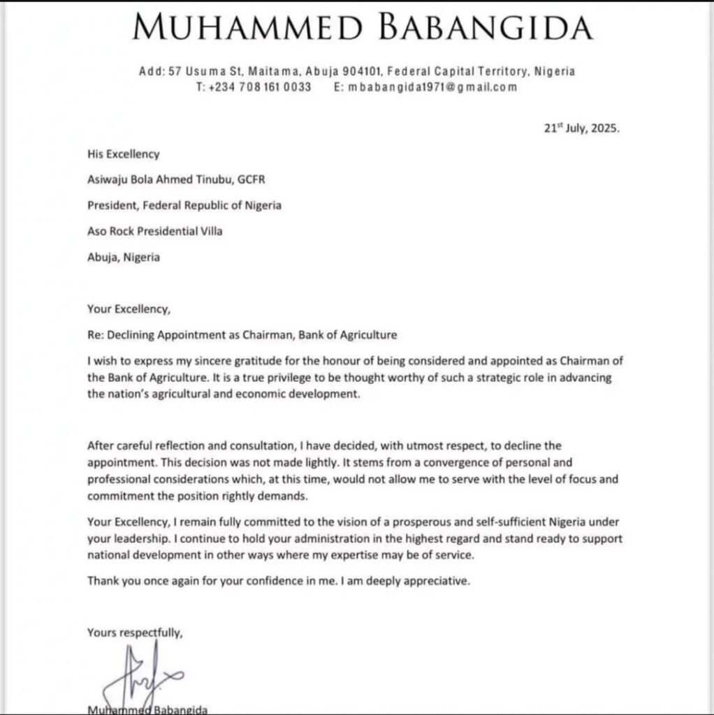 Babangida's Son, Muhammed Rejects Tinubu's Appointment as Chairman, Bank of Agriculture