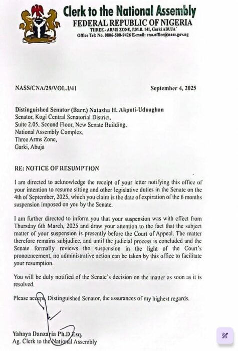 You Can’t Resume In Senate Now, NASS Tells Suspended Senator Natasha