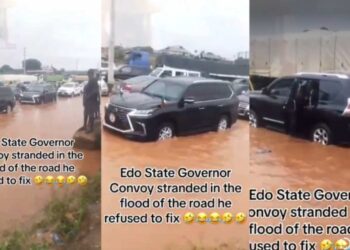 Residents mocks Gov Okpebholo as his convoy got trapped in the flood in Edo