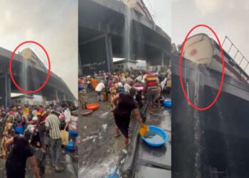 VIDEO: Shocking Moment as People Rush to Scoop Fuel from Overturned Tanker